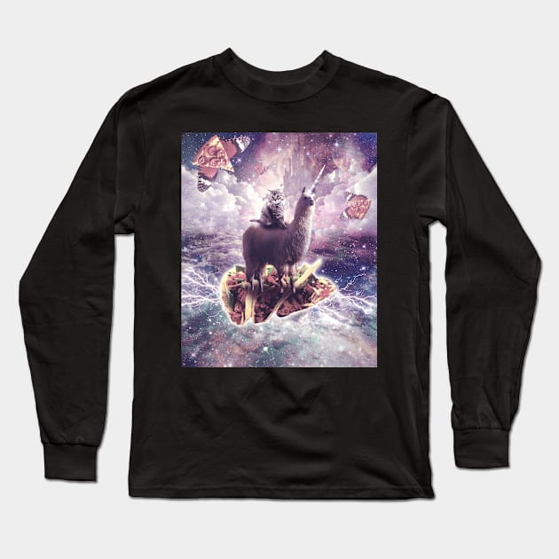 Space Cat Riding Llama Unicorn - Pizza & Taco Long Sleeve T-Shirt by Random Galaxy